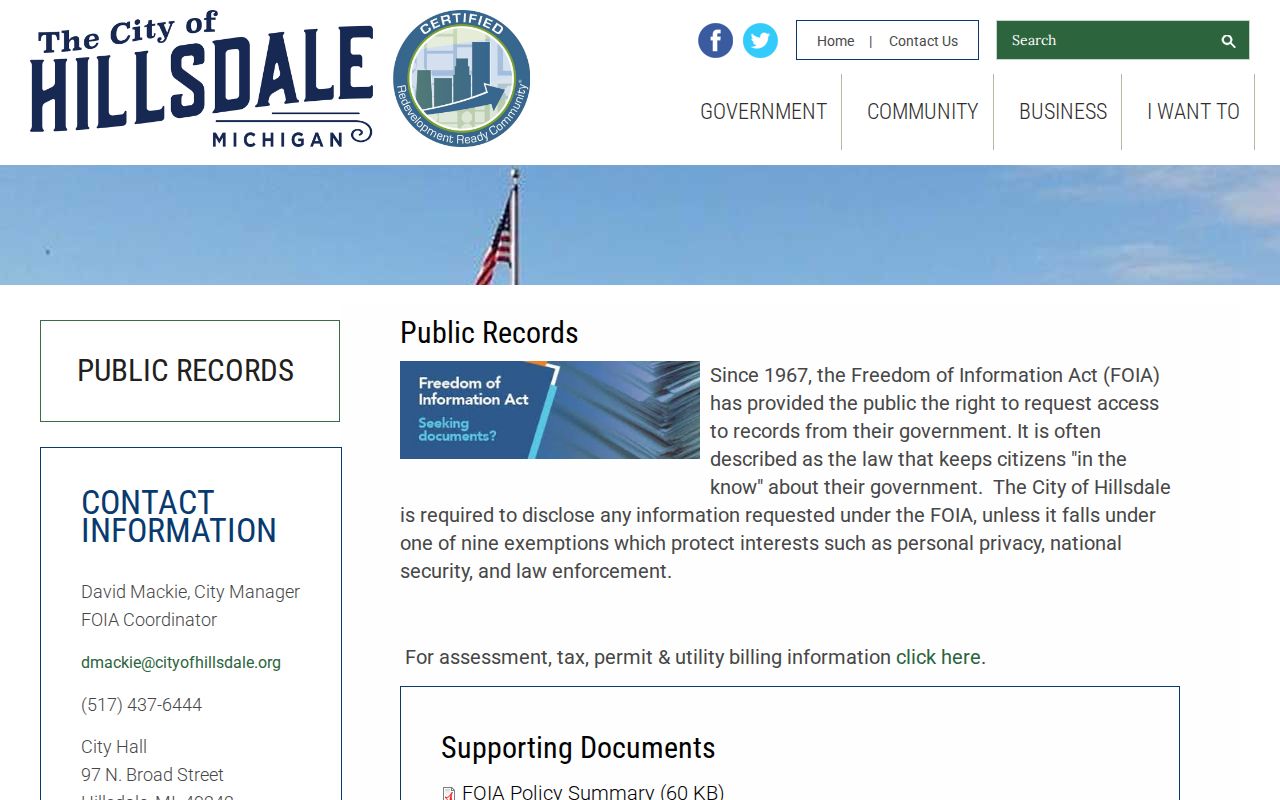 Hillsdale criminal records request page for city police reports