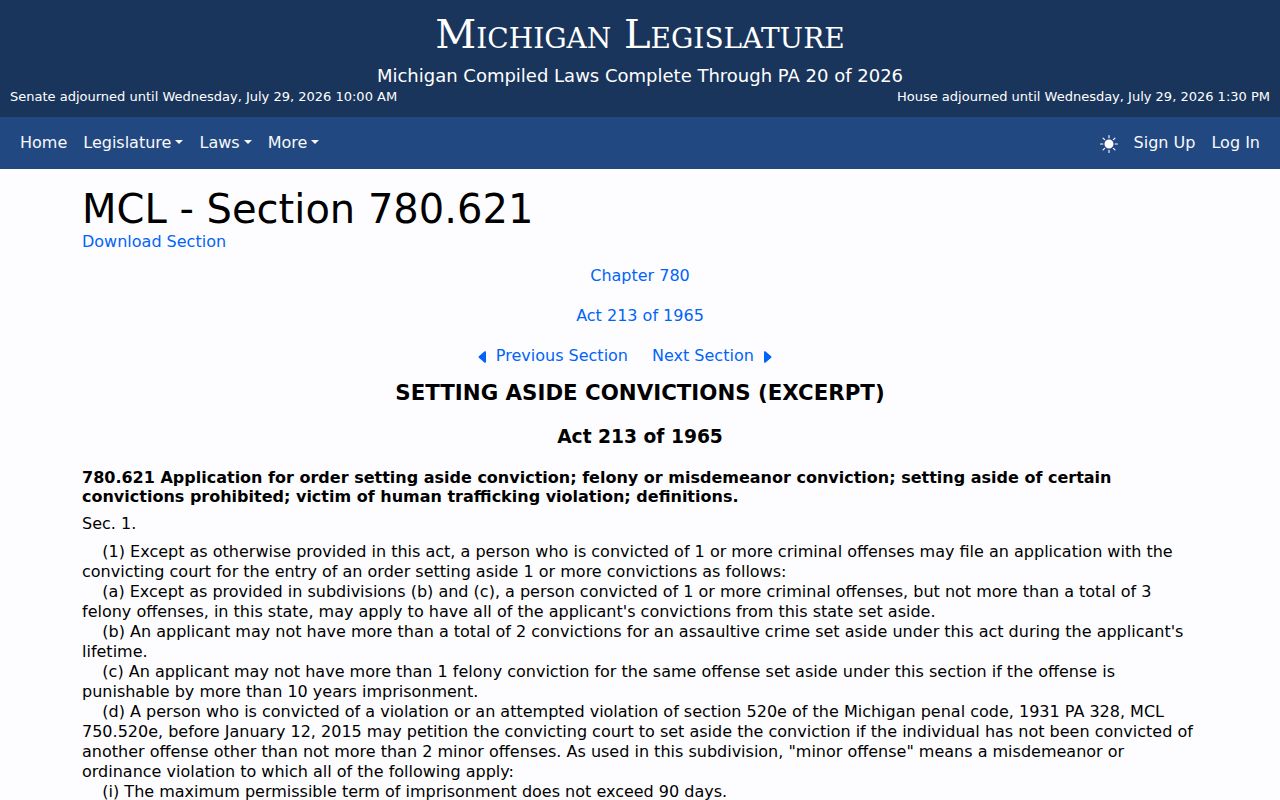 Hillsdale County criminal record set-aside law in Michigan