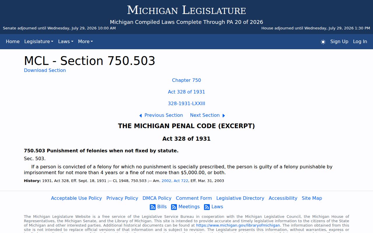 Michigan Legislature page for the default felony penalty used when reading Hillsdale County court charges