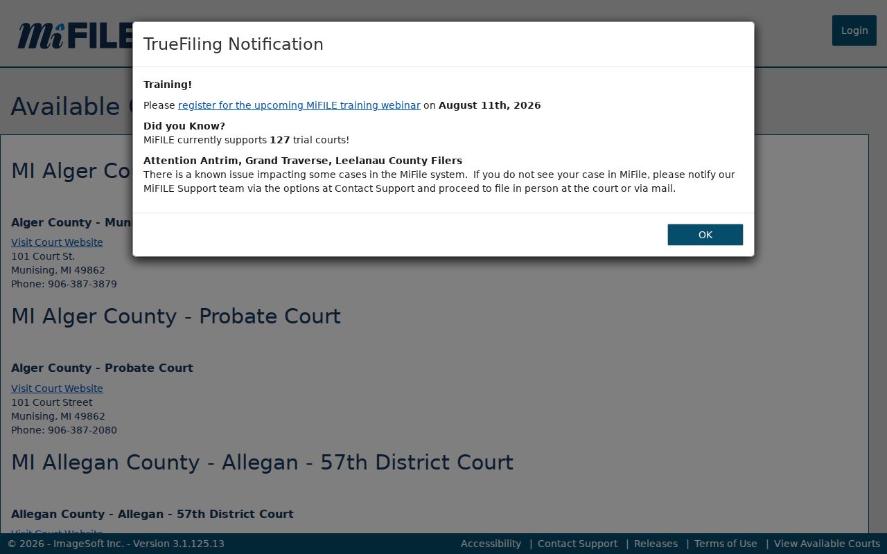 MiFILE list showing Hillsdale County participating courts and court contacts