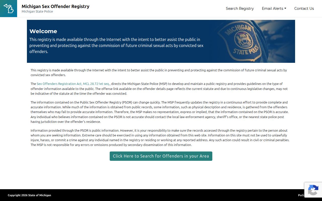 Michigan PSOR search interface with fields used for a Hillsdale County offender lookup