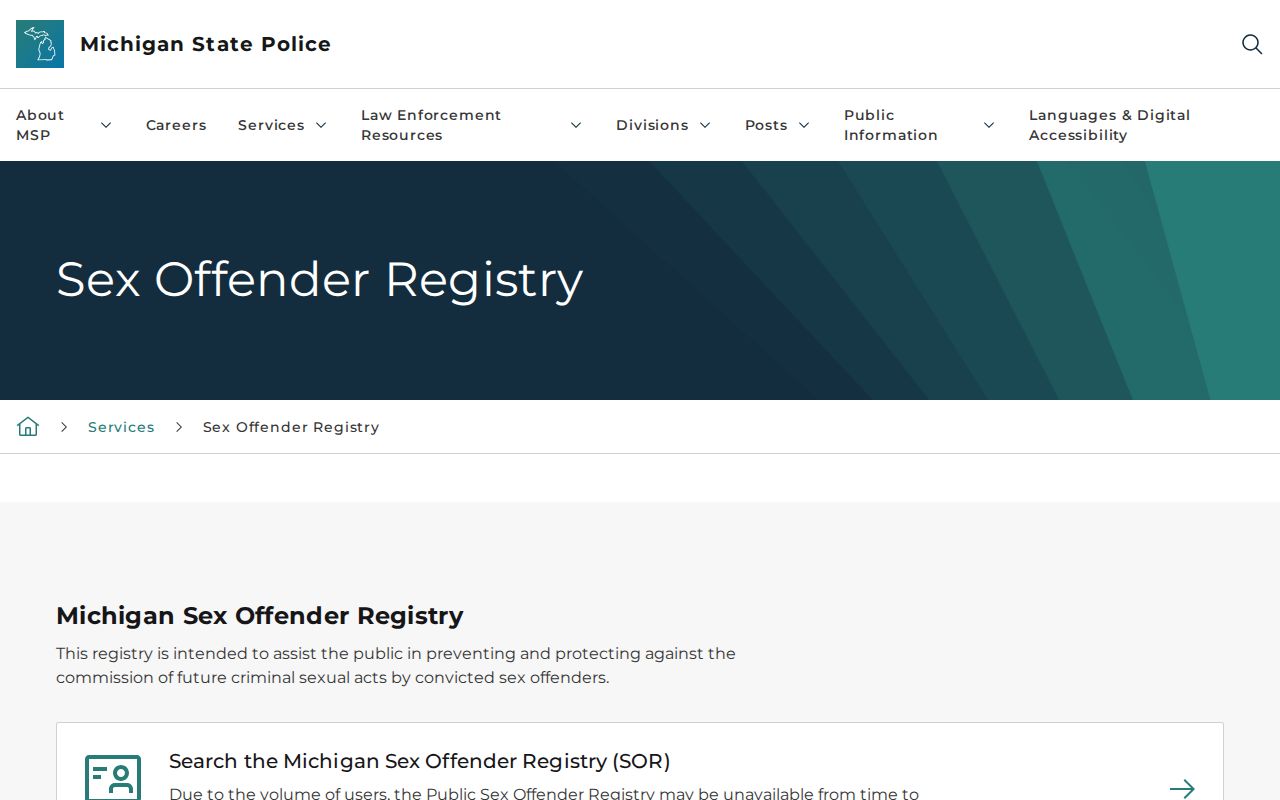 Michigan State Police sex offender registry guidance for Hillsdale County searches