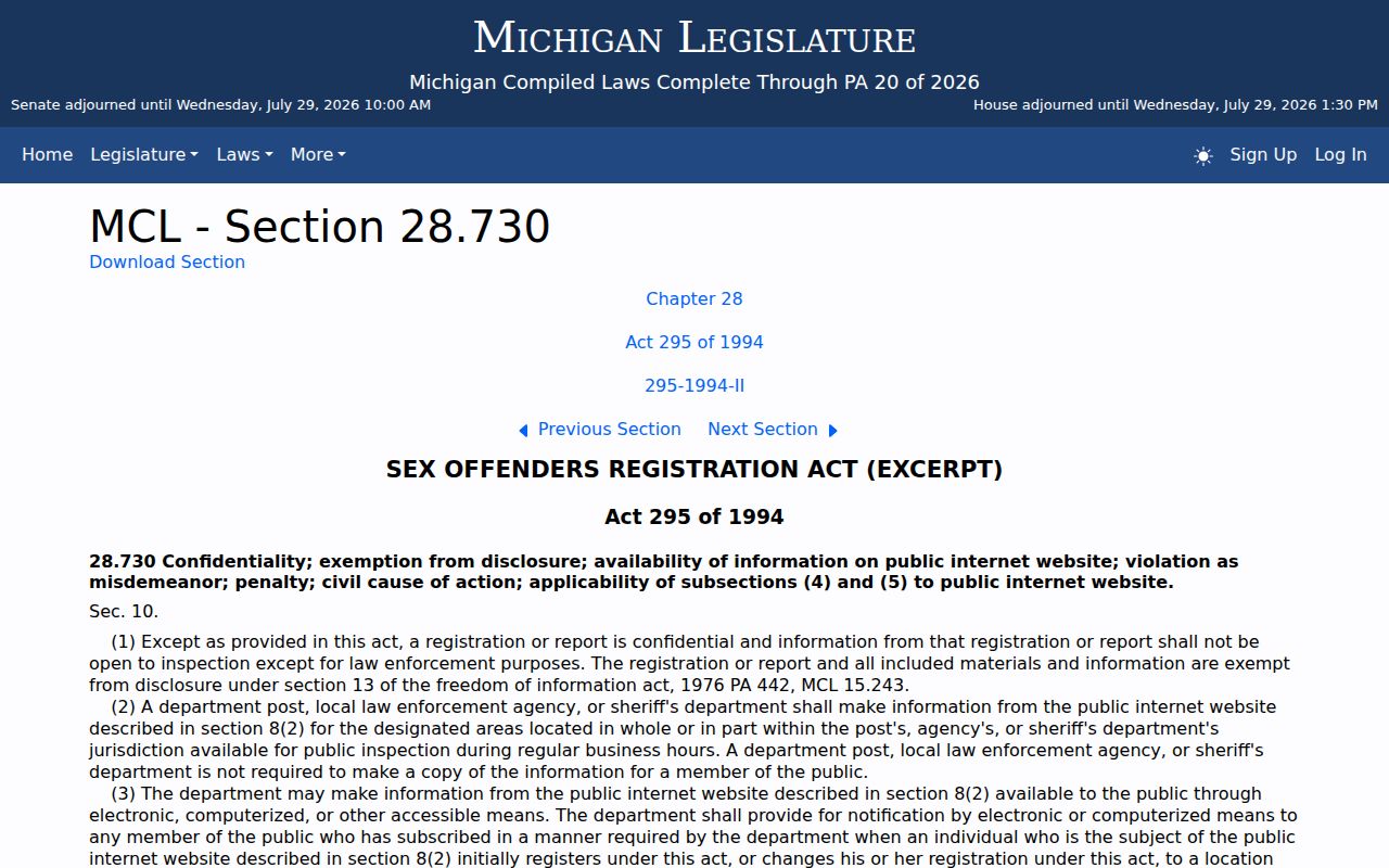 Michigan PSOR public access law governing Hillsdale County registry profiles