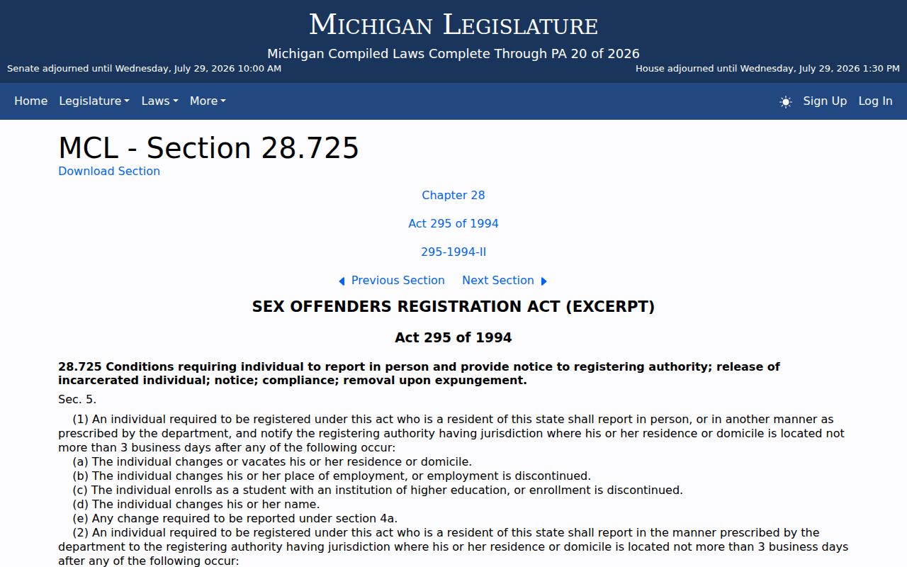 Michigan sex offender reporting statute setting deadlines relevant in Hillsdale County